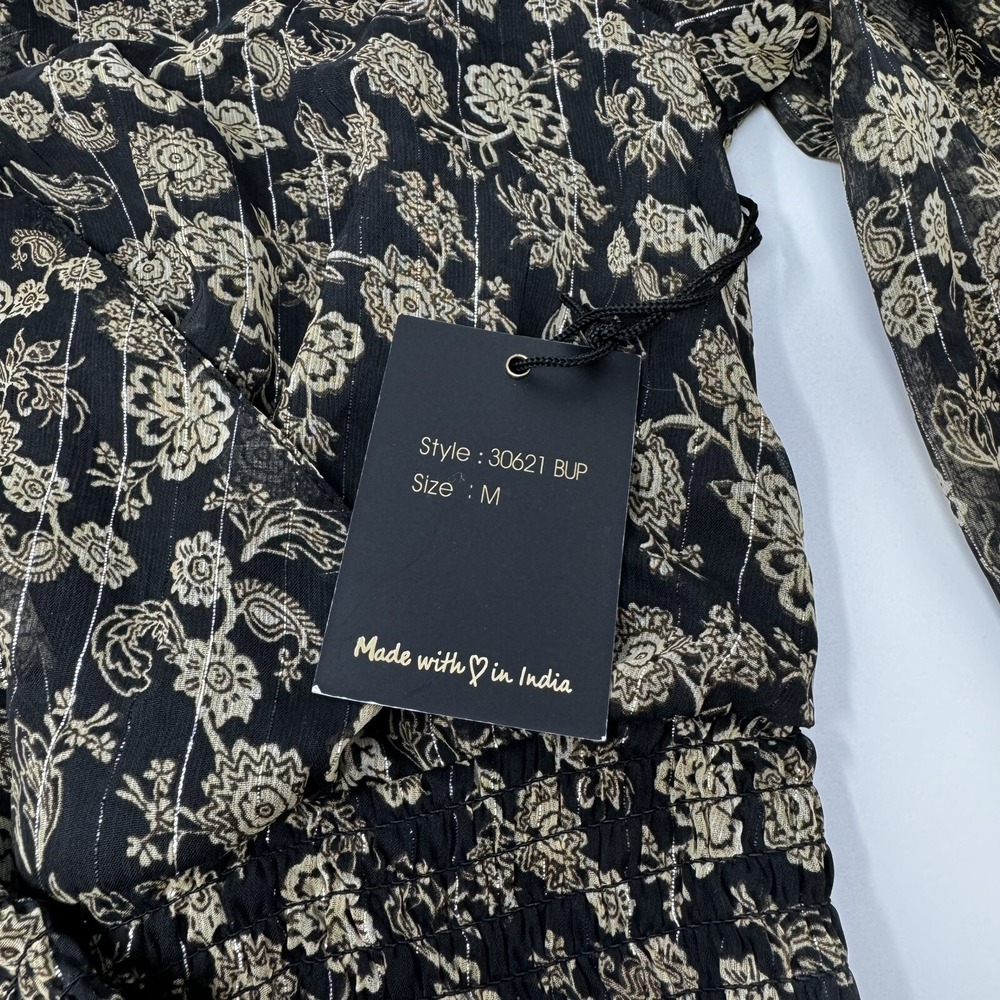 Japna Womens Floral Paisley Metallic Smocked Peplum Blouse Black Gold Medium NWT - Picture 4 of 6
